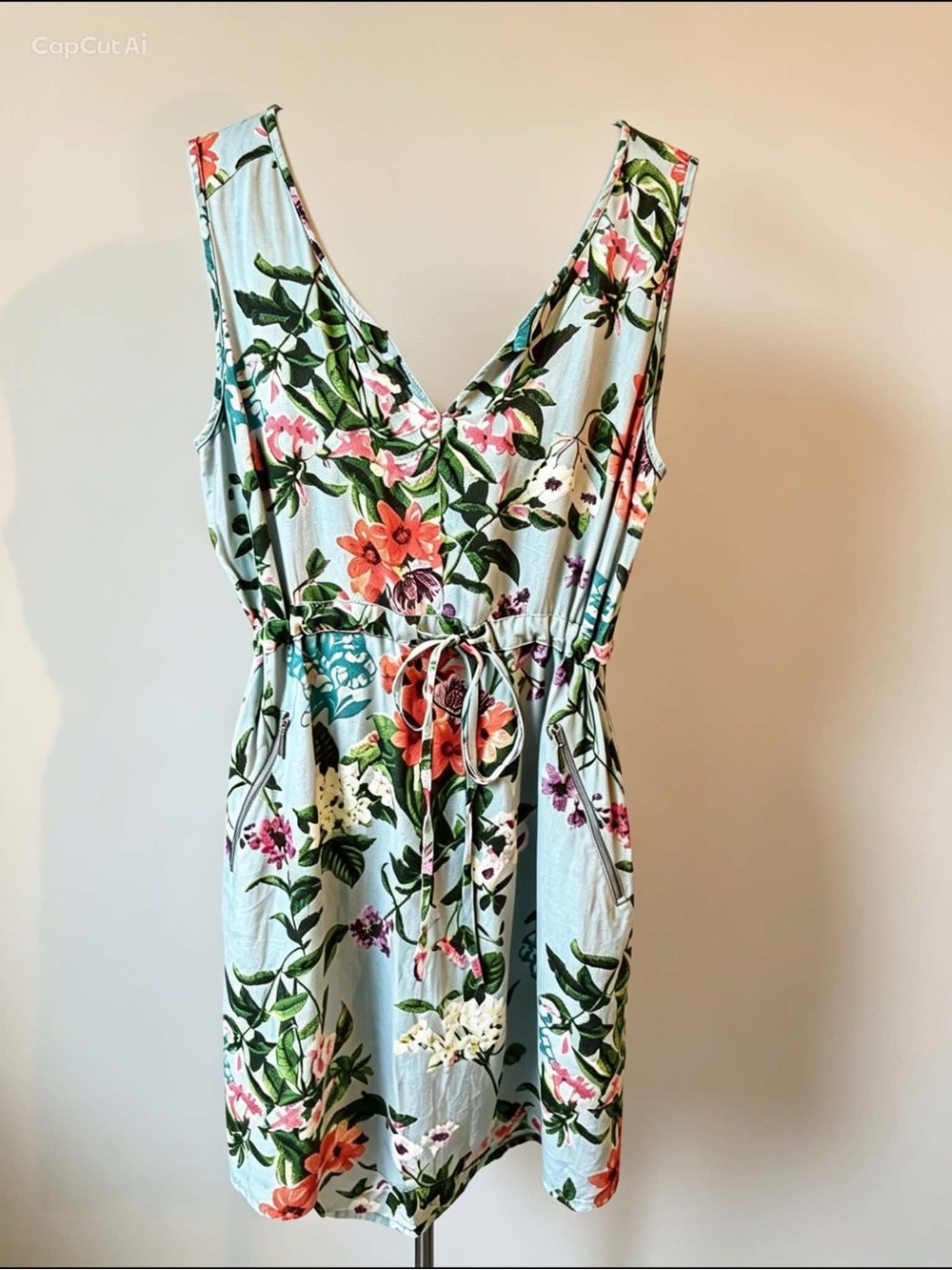 twik Light Blue Floral V-Neck Drawstring Dress